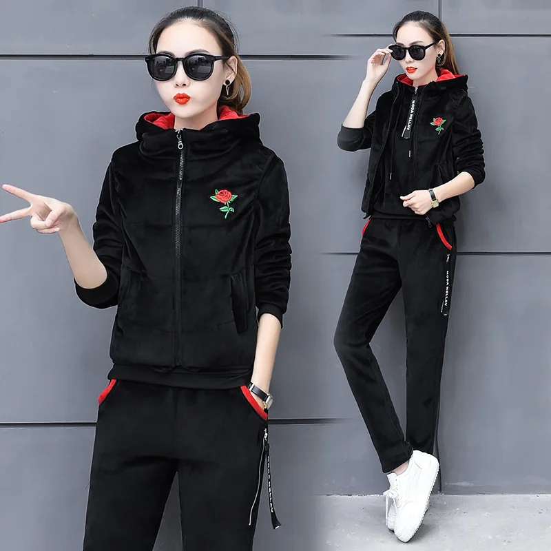 

3pcs Women Tracksuit Winter Fleece Velvet Thickness Sportswear Hoodies+vest+pants Running Jogging Leisure Set Sport Warm Suit