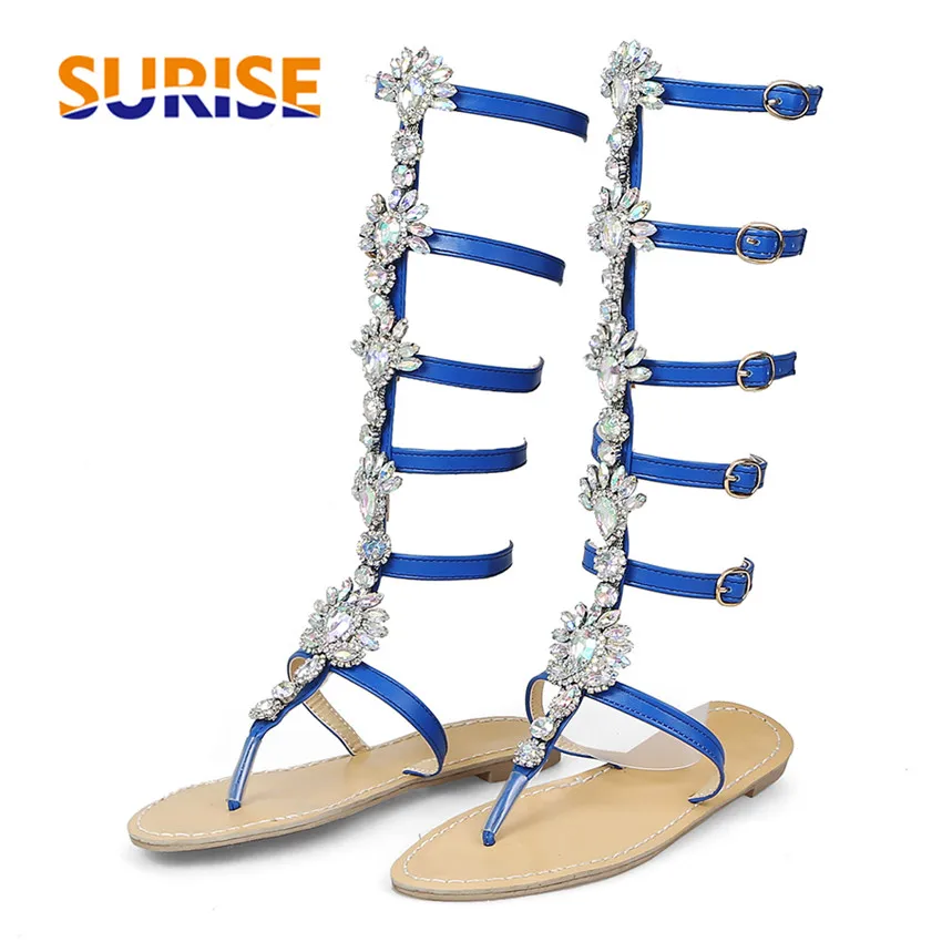

Summer Women Gladiator Sandals Flat Square Heel Clip Toe Gold Bohemia Crystal Rhinestone Buckle Strap Mid Calf Lady Beach Thongs