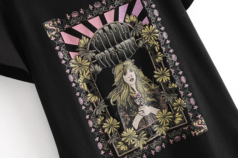 Boho Vintage chic happie Women Cotton Top O-Neck cartoon rose print T-shirts ladies short sleeve Tee shirts oversize