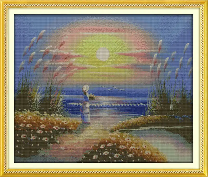

Seaside girl full moon Printed on Canvas DMC Counted Chinese Cross Stitch Kits printed Cross-stitch set Embroidery Needlework
