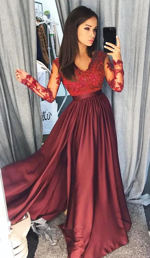 

Women's Lace Evening Party Prom Gown Formal Empire Waist Long Dress Solid V-Neck Long Sleeve Floor-Length Maxi Dresses Ladies
