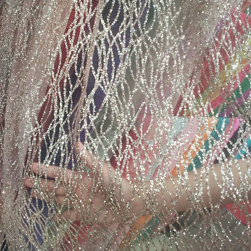 

360 cm french art curve lace sequins net fabric champagne gold shiny party dress mesh fabric sewing diy accessories