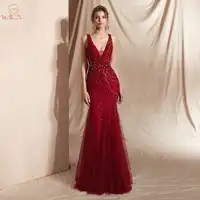 Wein Rot Prom Kleider Luxus Friesen Champagne Meerjungfrau Ärmellose Spitze V Neck Backless Lange Bodenlangen Elegante Abendkleider