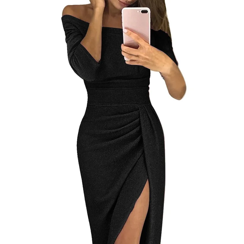 Women Party Dresses Sexy Split Slash Neck Vestidos Fashion Solid Pleated Robe Femme Club Dress Sequin Tunic Party Dress New Year - Цвет: black