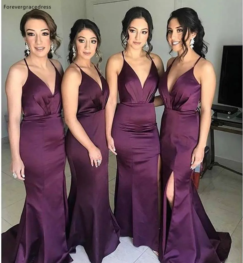 Cheapest Dark Purple Bridesmaids Dresses Deep V Neck Halter Sheath Maid of Honor Gowns Custom Made Split Evening Prom Dress  87