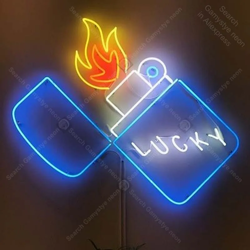 Neon Sign for cigarette lighter flame Neon Bulb sign handcraft lucky neon signboard wall lights anuncio luminos with clear board
