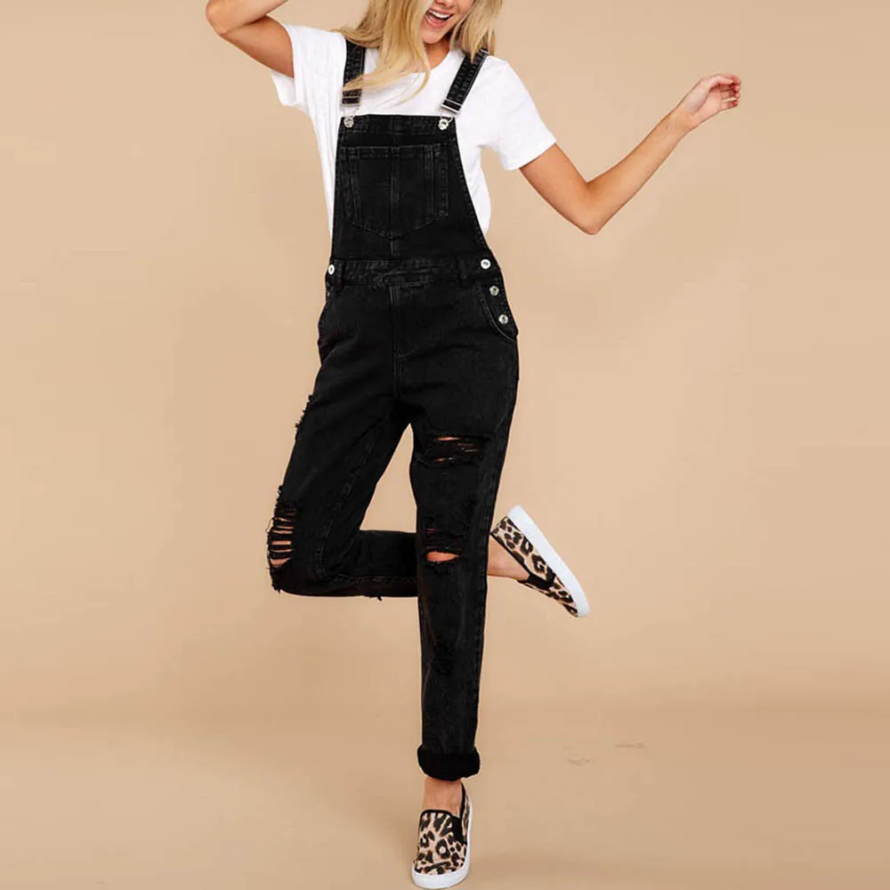 Women Loose Denim Bib Hole Overalls Demin Shorts Jumpsuit Jeans Pants Trousers