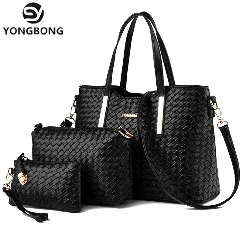 

YONGBONG Knitting Women Shoulder Bags Fashion Pu Leather 3pcs Composite Bag Famous Brand Women Bag Female Handbag Sets Bolsas