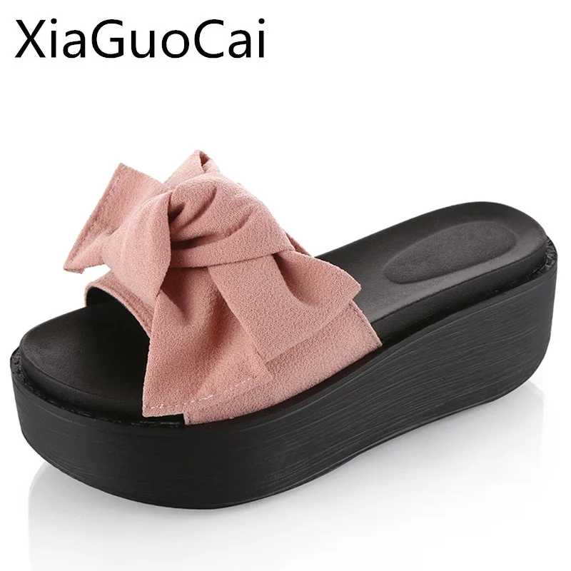 

Platform Summer Women Slippers Beach Height Increasing Slides for Ladies Butterfly-knot Design Fashion High Heels Creepers