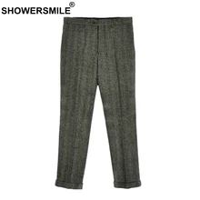 SHOWERSMILE серые шерстяные брюки с узором в елочку, мужские брюки, теплые толстые осенние зимние шерстяные твидовые классические ретро брюки, английский стиль
