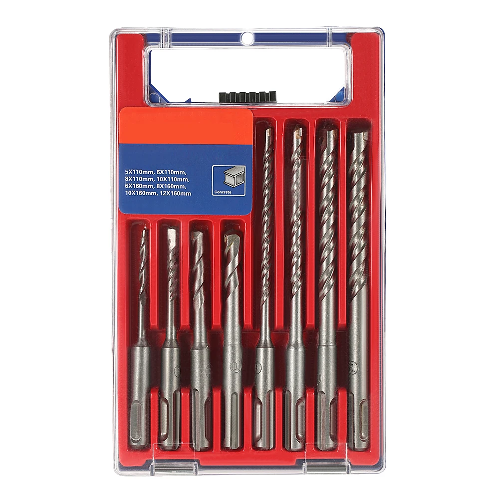 

8pcs 2 Pits 2 Slots SDS Shank YG8 Carbide Masonry Drills Rotary Hammer Impact Drill Bits Set for Drilling Concrete Brick Tile