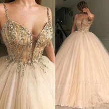Бальное платье цвета шампанского пышное платье тяжелый кристалл из бисера Спагетти ремень сладкий 16 Платья Вечерние Выпускные платья