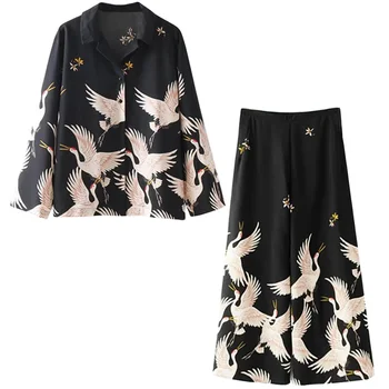 

Women's suit new style crane printing casual temperament suit collar shirt high waist pants wide leg trousers fashion two-piece