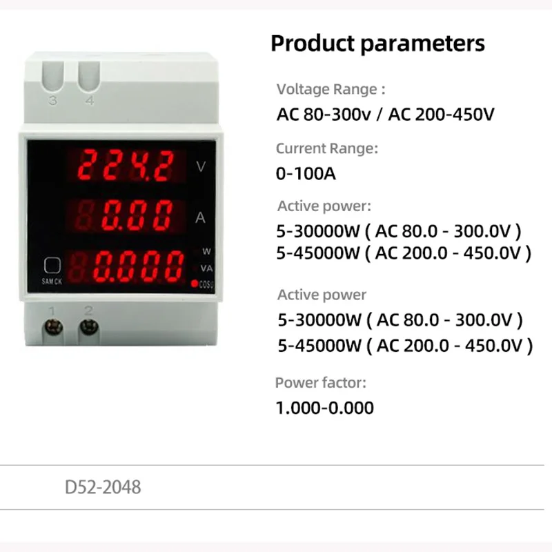 Din-рейка Многофункциональный измеритель D52-2042 D52-2047 цифровой светодиодный Напряжение Ток активный коэффициент мощности счетчик энергии AC80-300V 100A