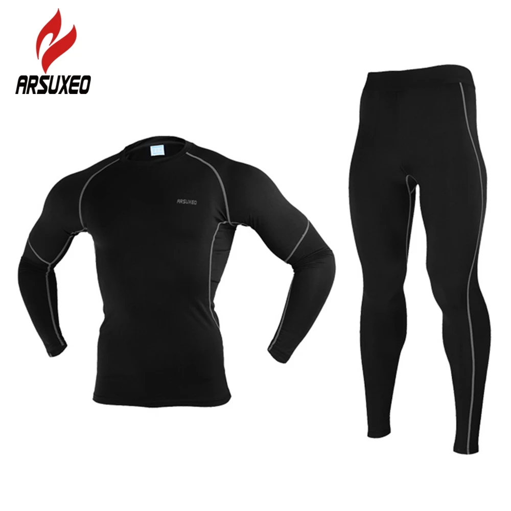 Новинка ARSUXEO мужские зимние теплые флисовые компрессионные циклические базовые слои рубашки наборы для бега Джерси спортивные костюмы