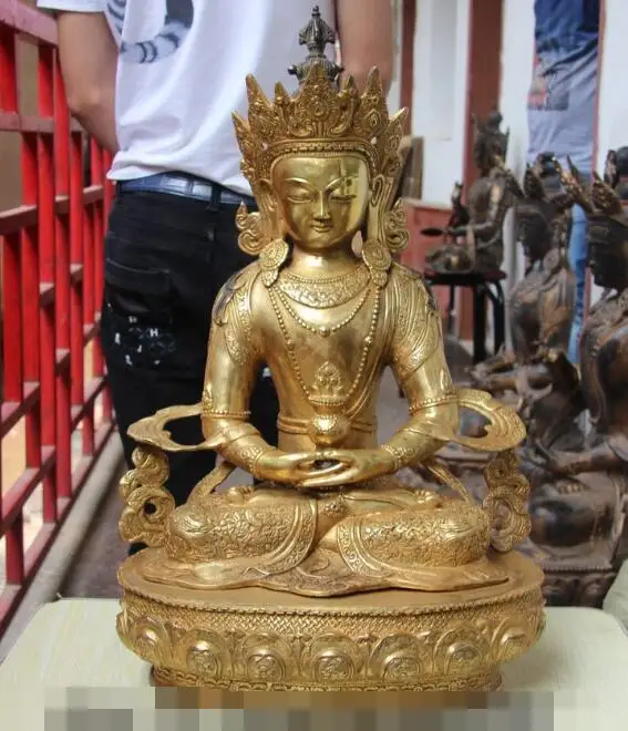

song voge gem S6117 China Bronze Copper Buddhism Dragon Longevity Buddha Amitayus Bodhisattva Statue