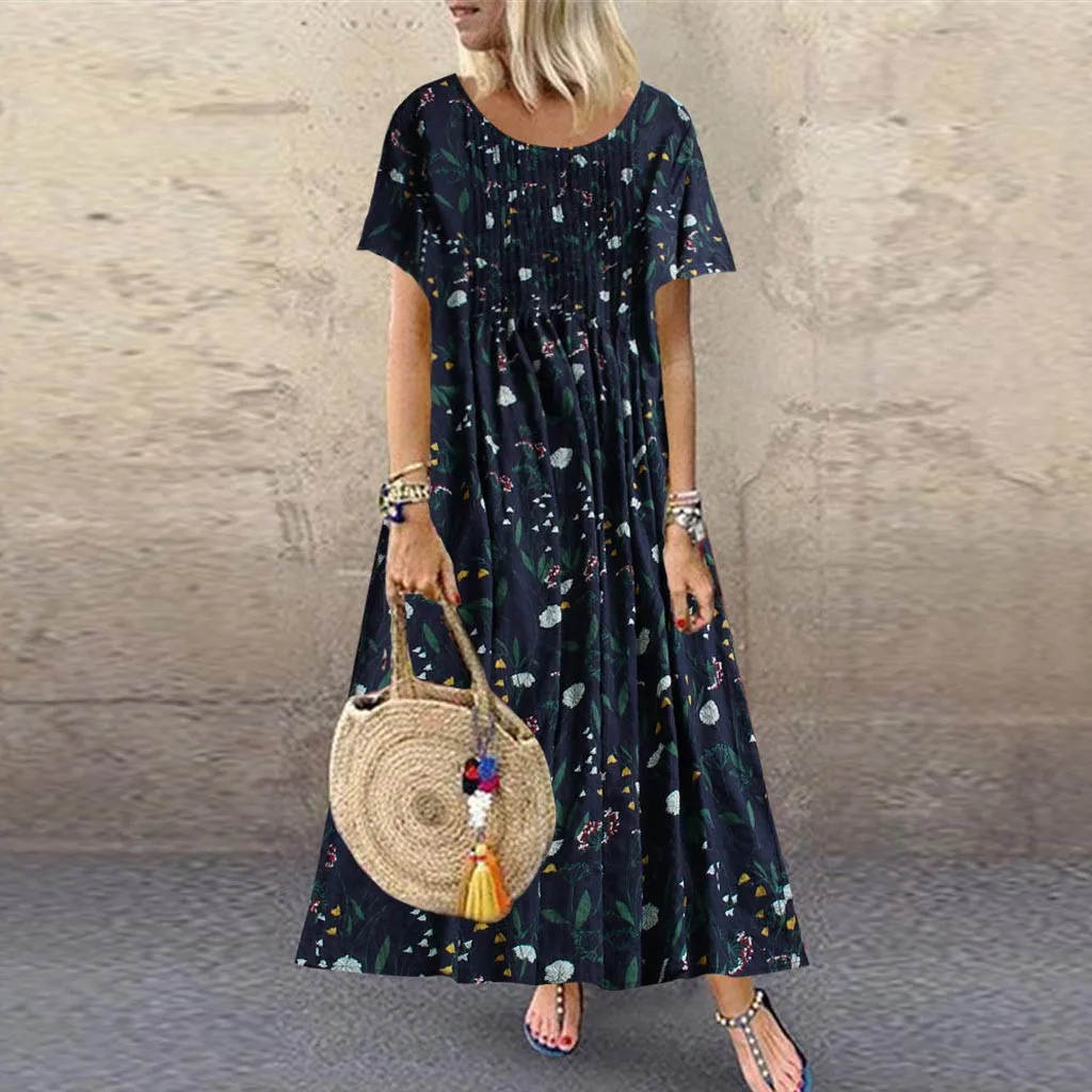 Women Summer Dress Pleated Leaves Floral Print O-Neck Short Sleeve Vintage Maxi Dress Female Fashion Vestidos Plus Size M40