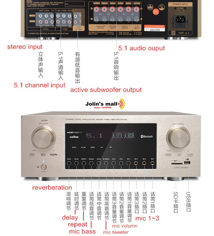 Профессиональный Дания AV999 5,1 dolby цифровой аудио усилитель караоке 400 Вт DTS/AC3 декодирование дома threatre HiMi