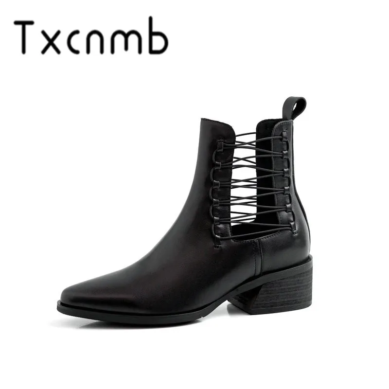 

TXCNMB 2019 New Arrival Boots Women Genuine Leather Fashion Square Heel Casual Shoes Woman Autumn Winter Pointed Toe Ankle Boots