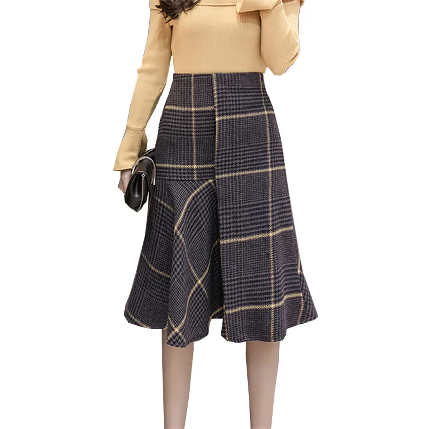 

2017 New Autumn Winter Fashion Joker Office Sexy Ladies A-line Skirt High Waist Package Hip Women Plaid Wollen Skirts Wear WZ071