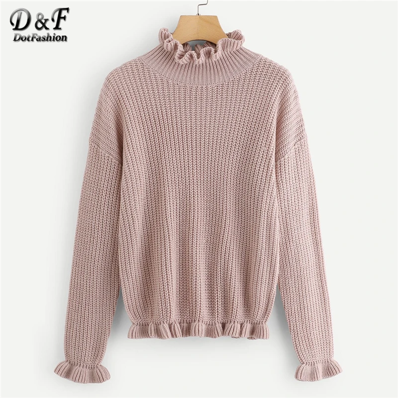 

Dotfashion Pink Ruffle Trim Drop Shoulder Jumper Women Casual Autumn Clothing Sweaters Fashion 2019 Womens Pullovers Jumper