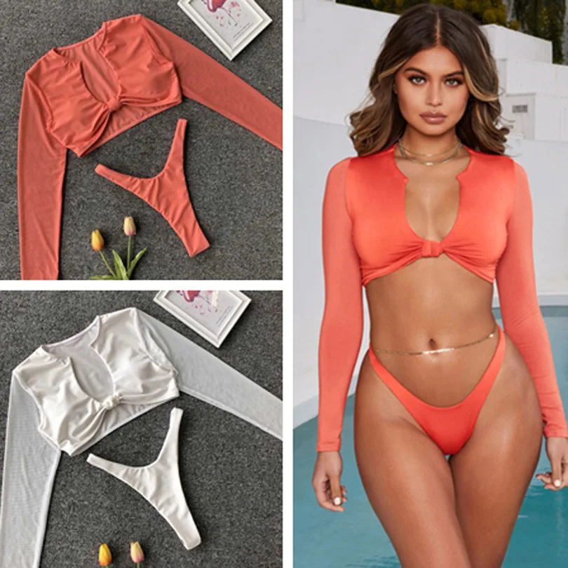 

Women Beack Long Sleeve Bikini Plus Size Women Buckle Push Up Bathing Suits Bikini Mesh Two Pieces Swimsuit 2019 Swimwear