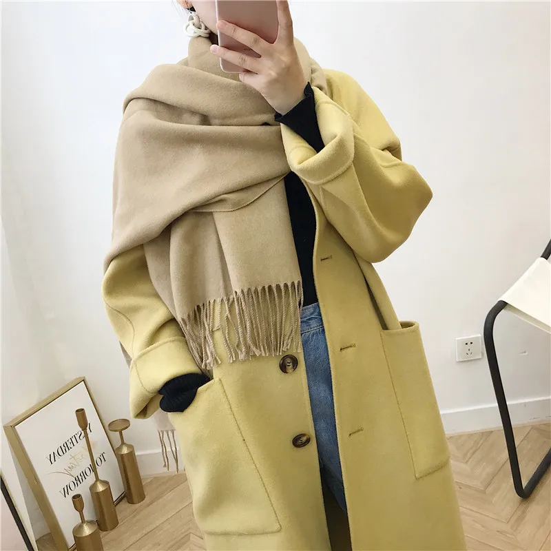 Female new 10 colors tassel scarf monochrome double-sided warm shawl imitation cashmere bib