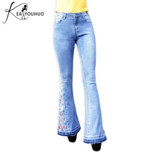 Новые зимние отбеленные вышитые цветы Высокая талия женские узкие джинсы джинсовые расклешенные джинсы широкие джинсы для женщин