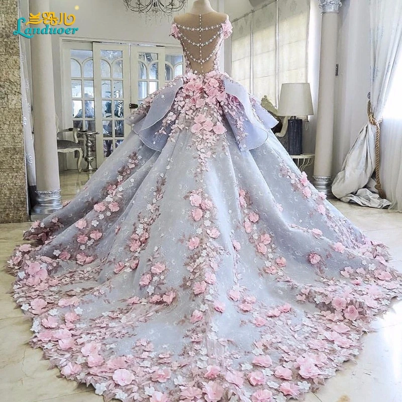 2017 Новый Cap Рукавом цветы Свадебное Платье Бальное платье Backless Свадебные Платья de