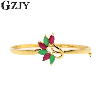 

GZJY Fashion Charm Flower Red Zircon Bangle Bracelets Pure Gold Color Cuff Bracelet Bangle For Women Party Jewelry pulseiras