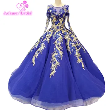

2018 Gold Lace Blue Tulle Scoop Long Sleeves Bridal Gowns Floor-length Lace Up Ball Gown Illusion Wedding Dresses Customize