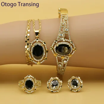 

Otogo Transing 2019 Round Black Cubic Zirconia Gold Color Jewelry Sets For Women Earring Pendant Necklace Ring Bracelet SET202