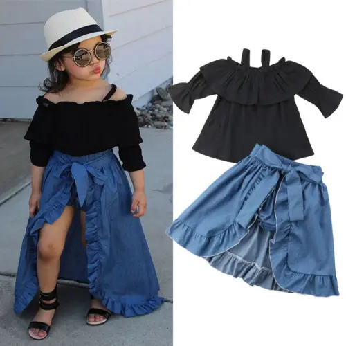 Комплект из 3 предметов, крутой стиль, детская одежда для маленьких девочек Однотонная рубашка на бретелях с открытыми плечами топы, футболка синий ремень для шортов Модная Джинсовая юбка, одежда
