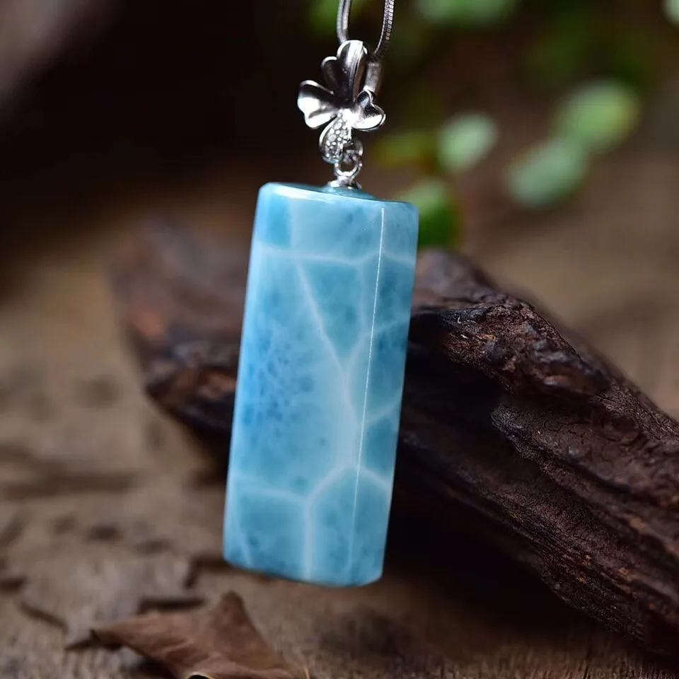 

Natural Larimar Pendant 32.5x13.3x8mm Blue Clear Gemstone 925 Silver Sterling Women Men Rectangle Lucky Love Gift Pendant AAAAA