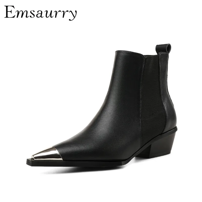 

Unique Metal Point Toe Short Booties Women Square Heel Slim Black White Leather Autumn Winter Botas Mujer