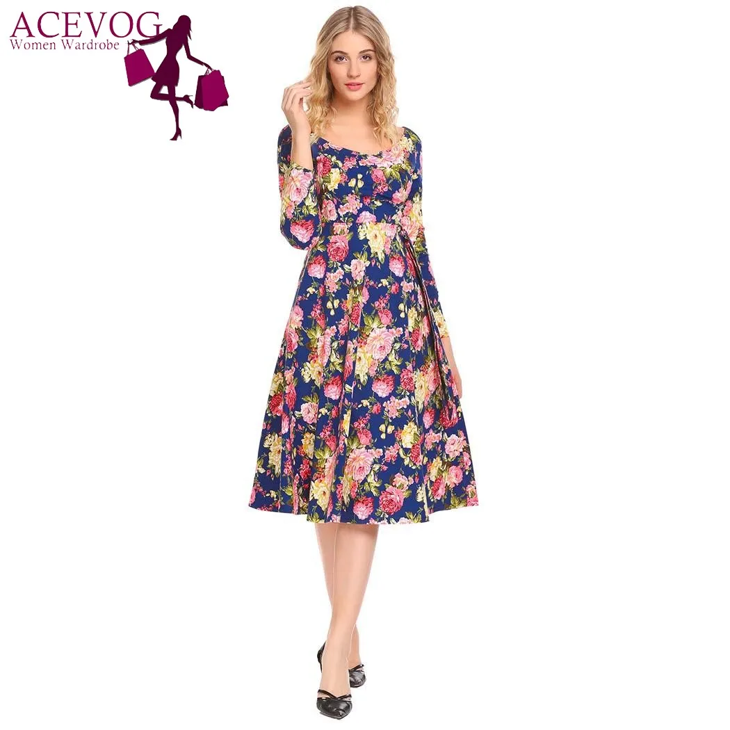 ACEVOG Women Swing Dress Vintage Wrap Split Spring Autumn V Neck Long Sleeve Lace Up High Waist Printed Party Dresses Vestidos Dresses