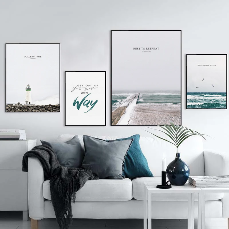 

Printed Home Decoration Canvas Paintings Seaside Landscape Seagull Lighthouse Phrase Wall Artwork Modular Pictures Posters