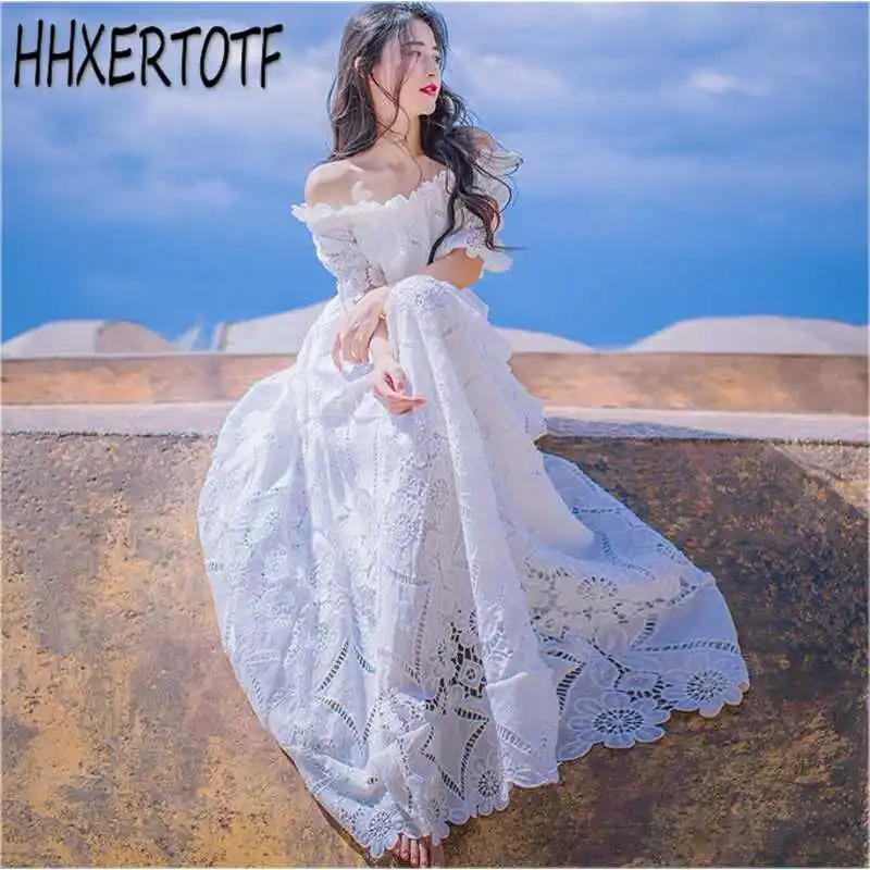 

2019 New women summer Short sleeve designer elegant party beach Dress white Sexy off the shoulder hollow out Long dress