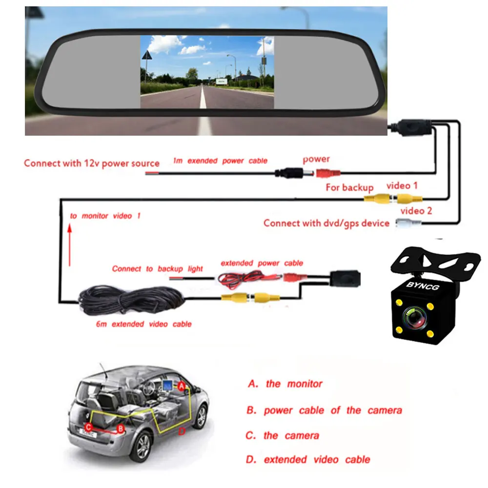 BYNCG 4," автомобильное зеркало заднего вида с монитором, автомобильная система парковки+ светодиодный резервная камера заднего вида с функцией ночного видения, CCD Автомобильная камера заднего вида