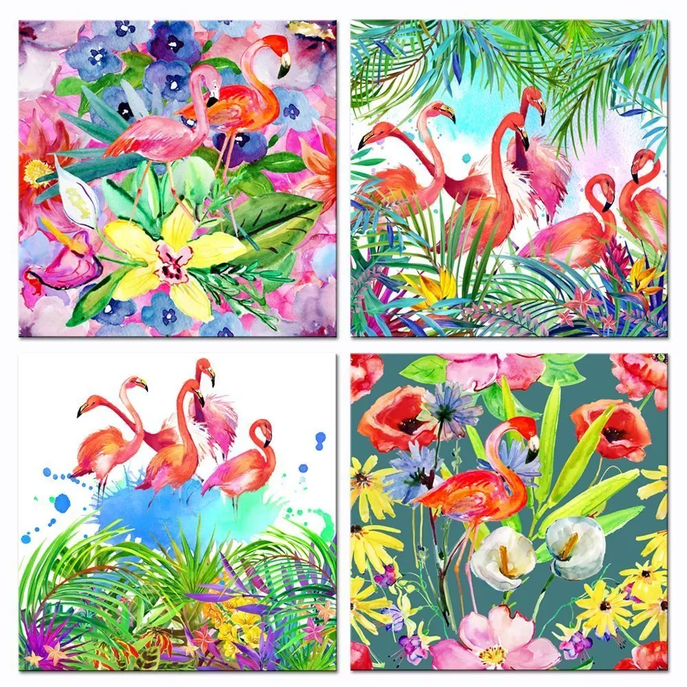 Live Art Decor - Tropical Flamingo and Flowers Pictures Canvas Prints - Summer Nature Landscape Wall Art Watercolor Painting Giclee Print - 4 Panels Canvas...