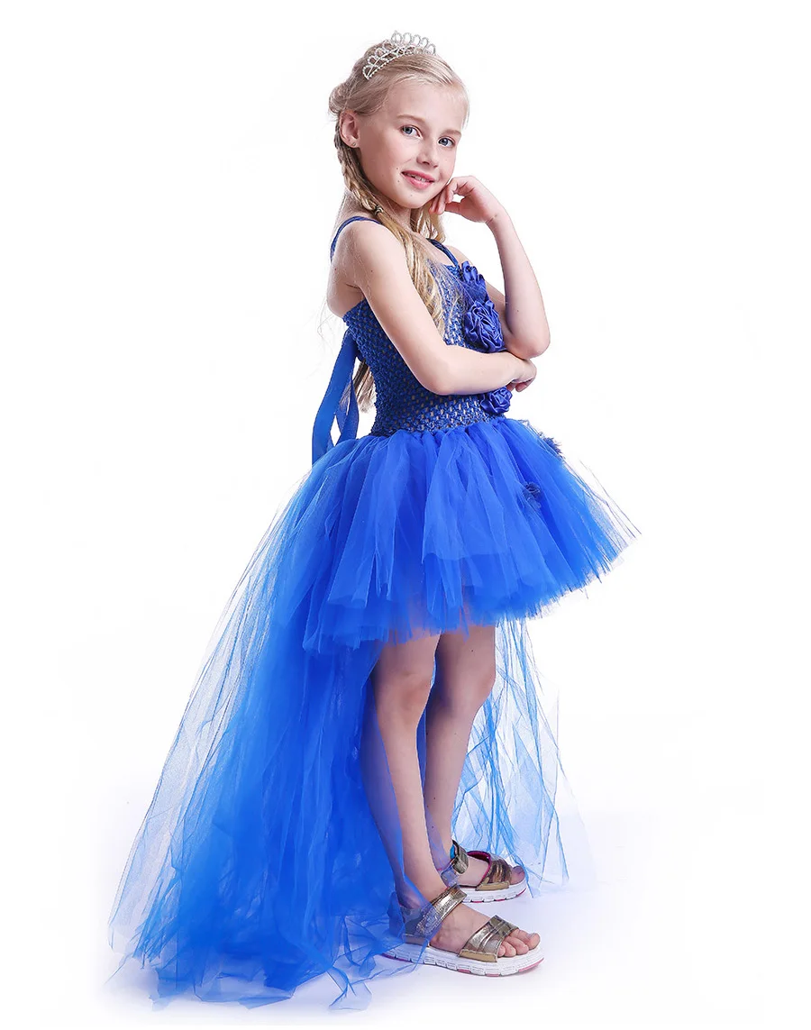 Royal Blue Flowers Girls Tutu Dress High Low Ice Princess Tulle Dress for Wedding Pageant Party Handmade Baby Photo Costume (8)