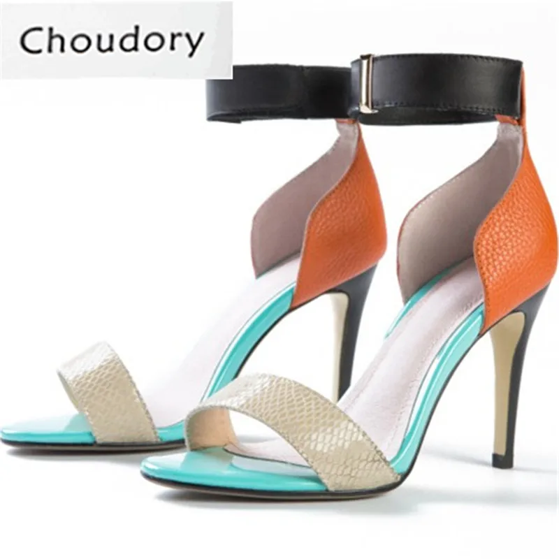 Choudory Mixed Colors Ankle-Wrap Dress Buckle Strap Sexy Sandals Woman Thin Heels High Heel Shoes Woman Hot Sale Fashion Sandals