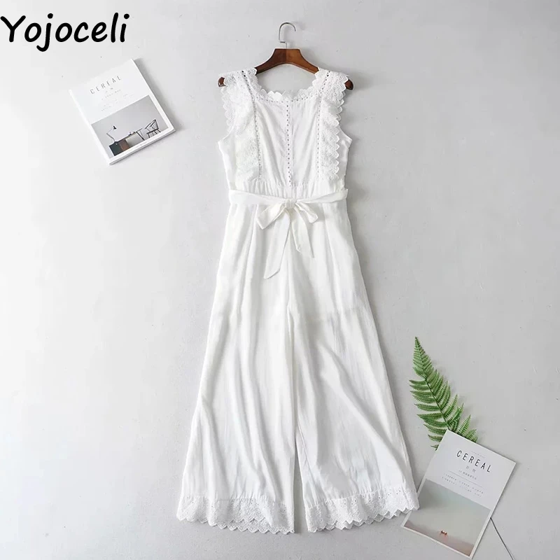 Yojoceli Sexy long white white jumpsuit romper Elegant party loose casual jumpsuit women Summer sleevelsss beach rompers