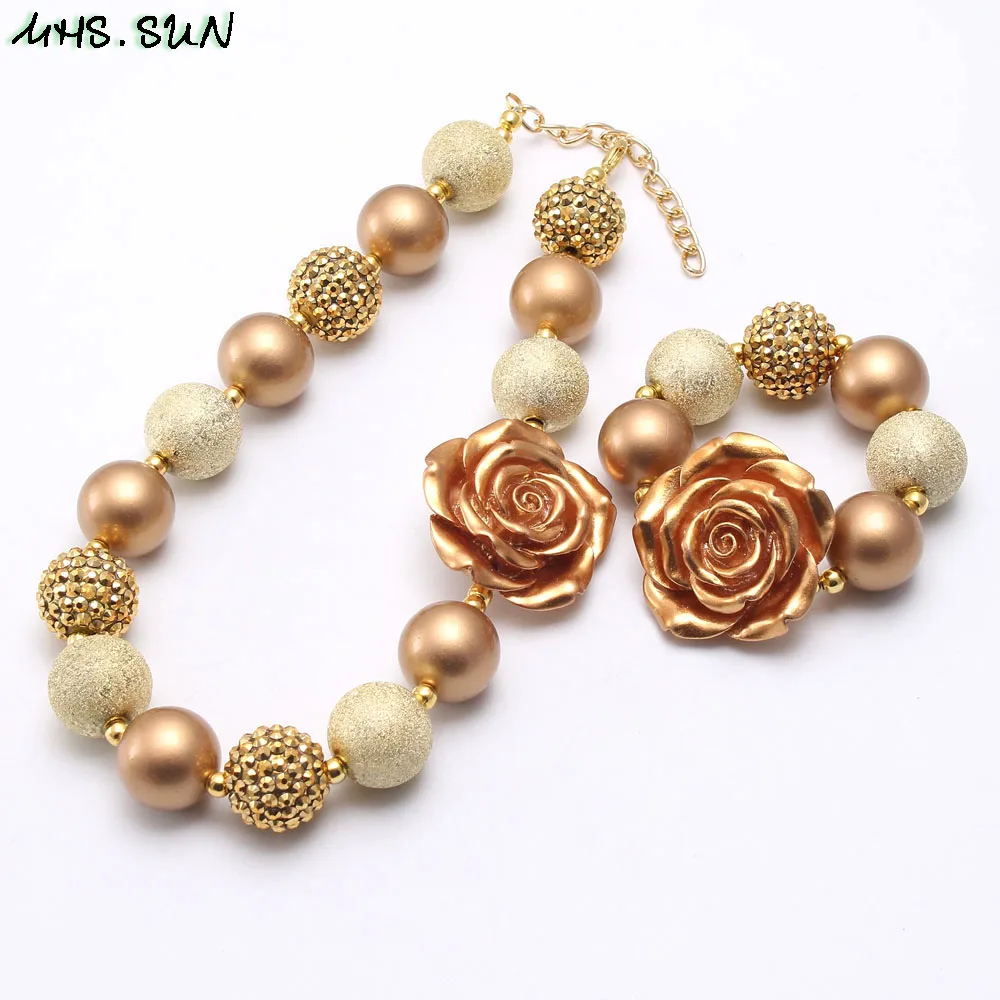 

MHS.SUN New arrival baby girls chunky gold color flower beads necklaces diy bubblegum bracelets for children kids jewelry gift