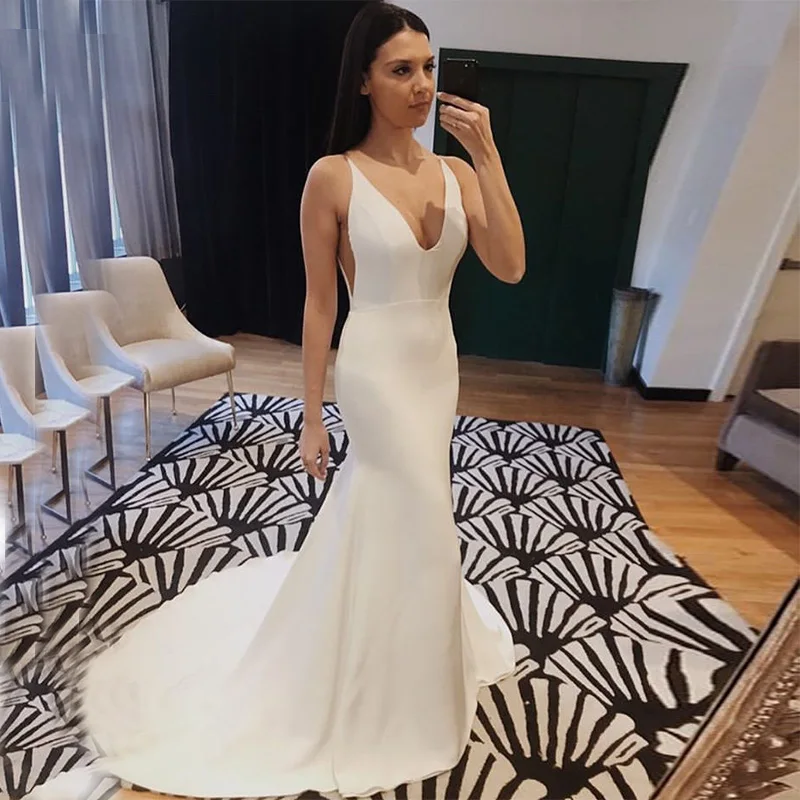 Свадебное платье русалки без рукавов 2019 сексуальное Белое свадебное с v-образным
