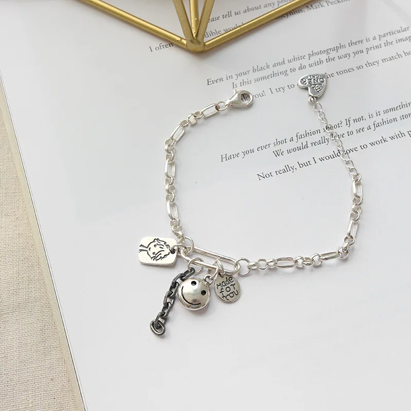 Улыбающееся лицо буквенный ярлык шарм браслеты 925 стерлингового серебра женские ювелирные изделия браслет специальная цепочка браслет с омаром Винтажный стиль