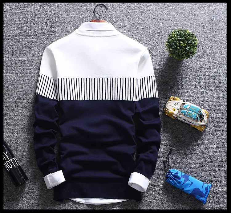 Зимний полосатый теплый свитер, мужская одежда на осень, мужской свитер, трикотажный пуловер с длинным рукавом и круглым вырезом, вязаные свитера для мужчин