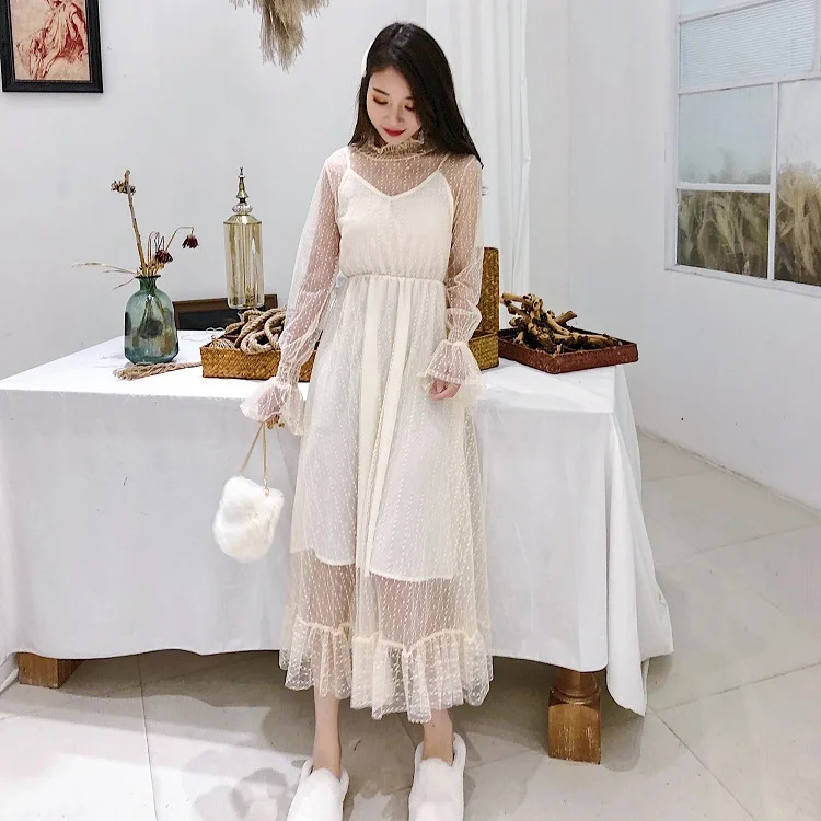 

Elegant Patchwork Ruffles Hollow Out Sexy Bohemian Beach Dresses Lace Maxi Runway Dress Mesh Midi V Neck Spring Vestido