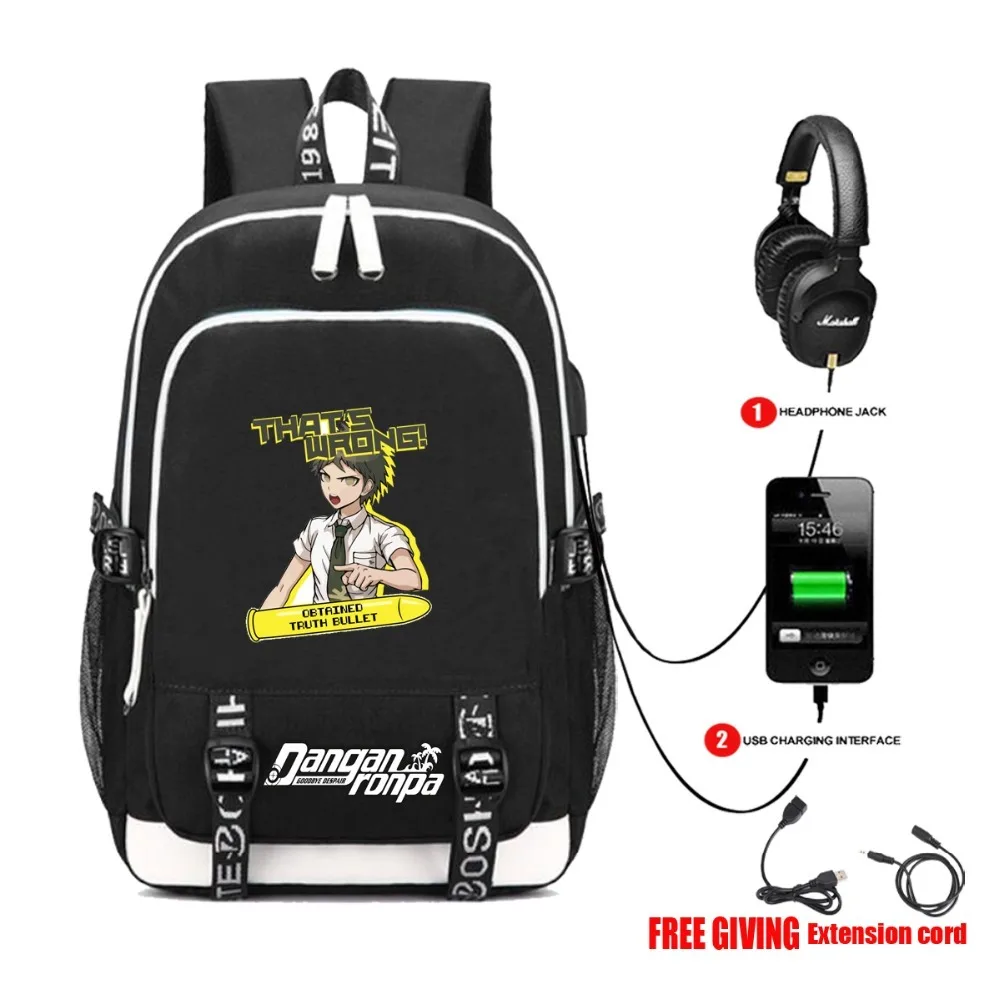 Usb зарядка Разъем для наушников Рюкзак Школьные сумки Mochila Feminina рюкзак для ноутбука школьный Аниме данганронпа Печать Рюкзак