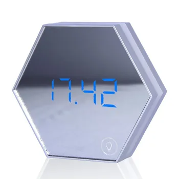 

Mirror Desk Clock Multifunctional Digital Alarm Clocks LED Make Up Mirror Watche Hexagon Shape Home Decor Alarm Night Light